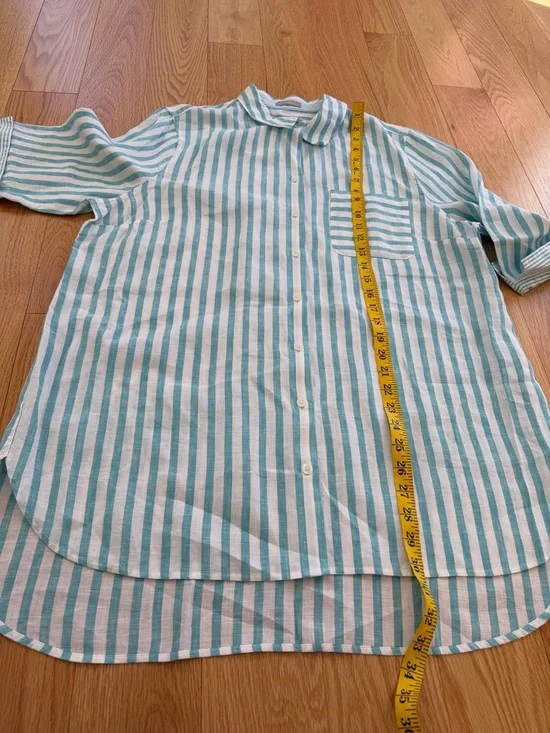 New! Chico's women’s Sz 3/XL shirtail tunic Striped 3/4 sleeve aqua linen shirt. - Picture 6 of 8